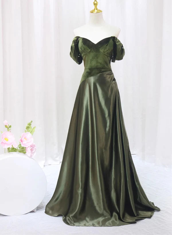 Vestido de fiesta largo de terciopelo verde con escote en forma de A y escote en forma de corazón